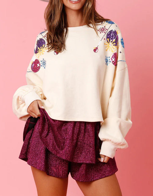 Load image into Gallery viewer, Sequin Round Neck Dropped Shoulder Sweatshirt
