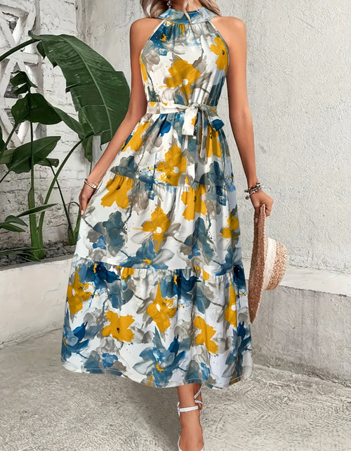 Load image into Gallery viewer, Tiered Printed Mock Neck Sleeveless Dress
