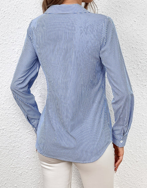 Load image into Gallery viewer, Ivy Lane Bow Tie Waist Johnny Collar Neck Striped Blouse
