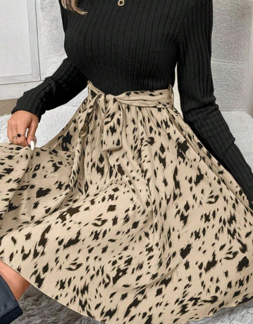 Load image into Gallery viewer, Printed Tie Waist Mock Neck Long Sleeve Dress
