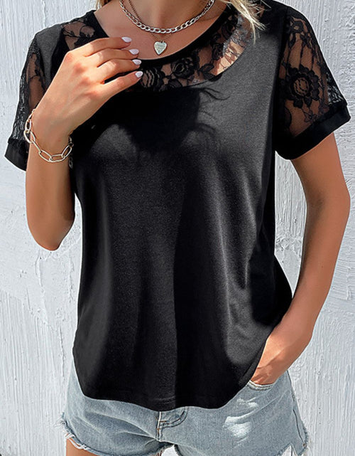 Load image into Gallery viewer, Perfee Spliced Lace Round Neck Short Sleeve Top
