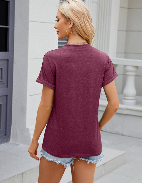 Load image into Gallery viewer, Decorative Button Notched Short Sleeve T-Shirt
