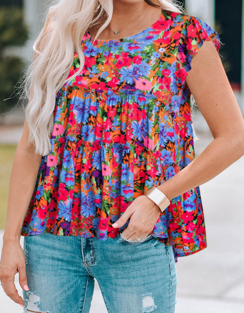 Load image into Gallery viewer, Floral Round Neck Frill Trim Blouse
