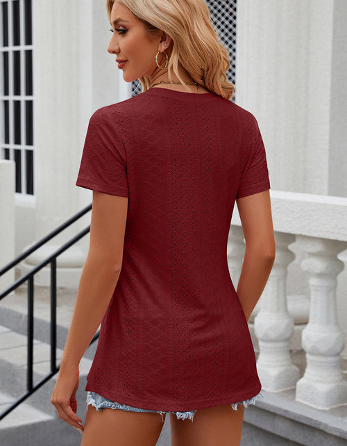 Load image into Gallery viewer, Eyelet Slit Round Neck Short Sleeve T-Shirt
