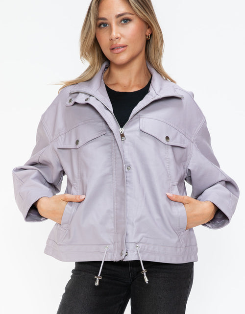Load image into Gallery viewer, How Dare U Drawstring Hem PU Leather Zip Up Jacket
