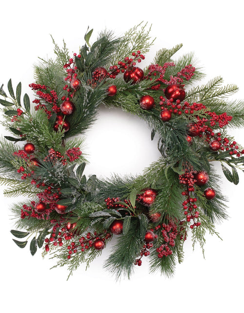 Load image into Gallery viewer, Mixed Pine Berry and Ornament Wreath 24"D
