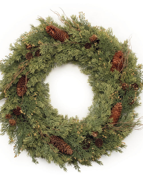 Load image into Gallery viewer, Pine and Pinecone Wreath 22"D
