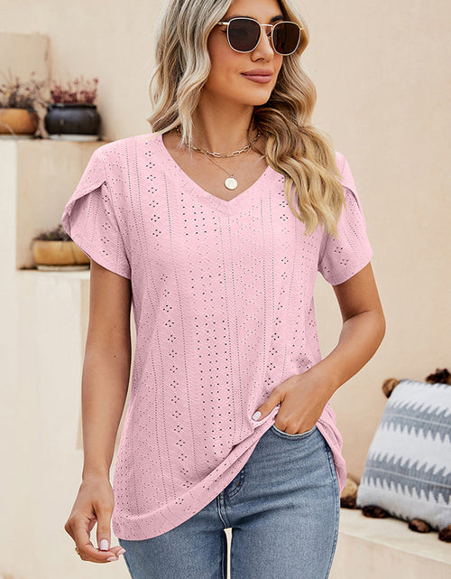 Load image into Gallery viewer, Eyelet V-Neck Petal Sleeve T-Shirt
