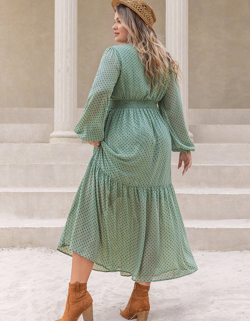Load image into Gallery viewer, Plus Size Tassel Printed Tie Neck Long Sleeve Midi Dress
