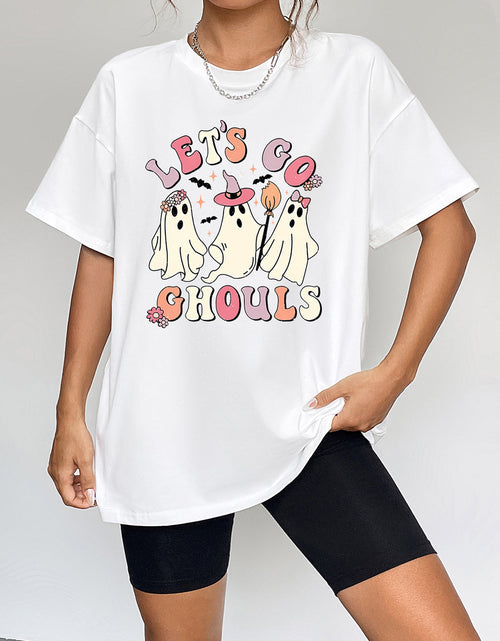 Load image into Gallery viewer, Round Neck Short Sleeve LET'S GO GHOULS Graphic T-Shirt
