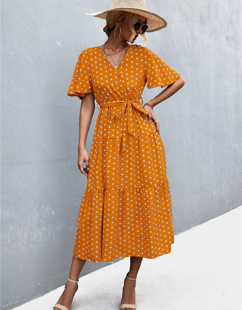 Load image into Gallery viewer, Printed V-Neck Flutter Sleeve Belted Dress
