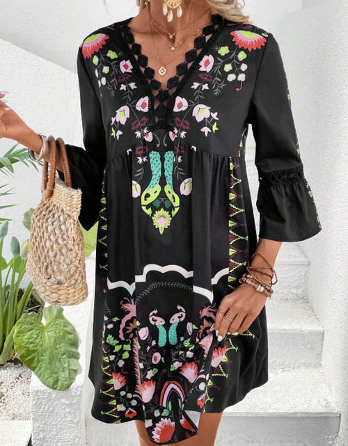 Load image into Gallery viewer, Lace Detail Printed Three-Quarter Sleeve Dress
