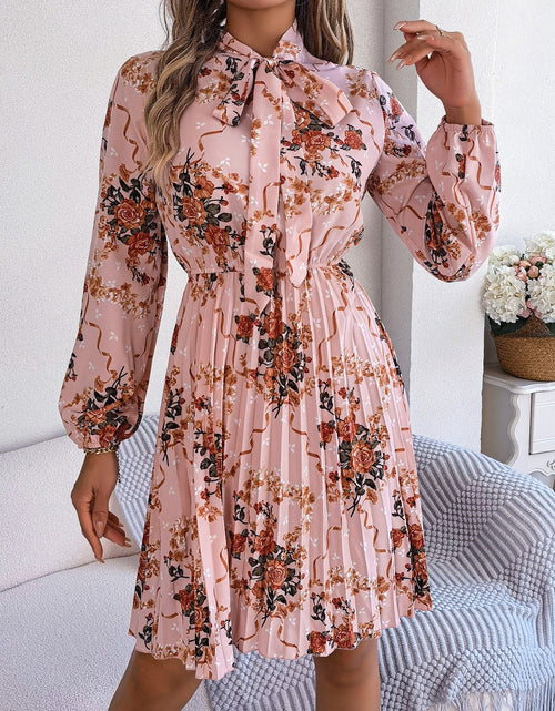 Load image into Gallery viewer, Pleated Printed Tie Neck Long Sleeve Dress
