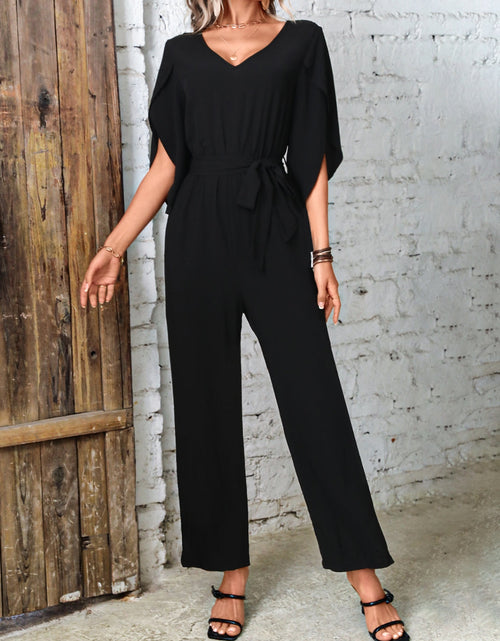 Load image into Gallery viewer, Tied V-Neck Half Sleeve Wide Leg Jumpsuit
