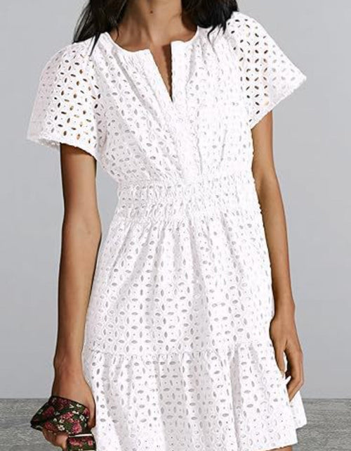 Load image into Gallery viewer, Eyelet Notched Short Sleeve Mini Dress
