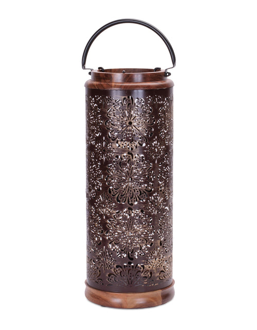Load image into Gallery viewer, Punched Metal Lantern with Natural Wood Accents 19"H
