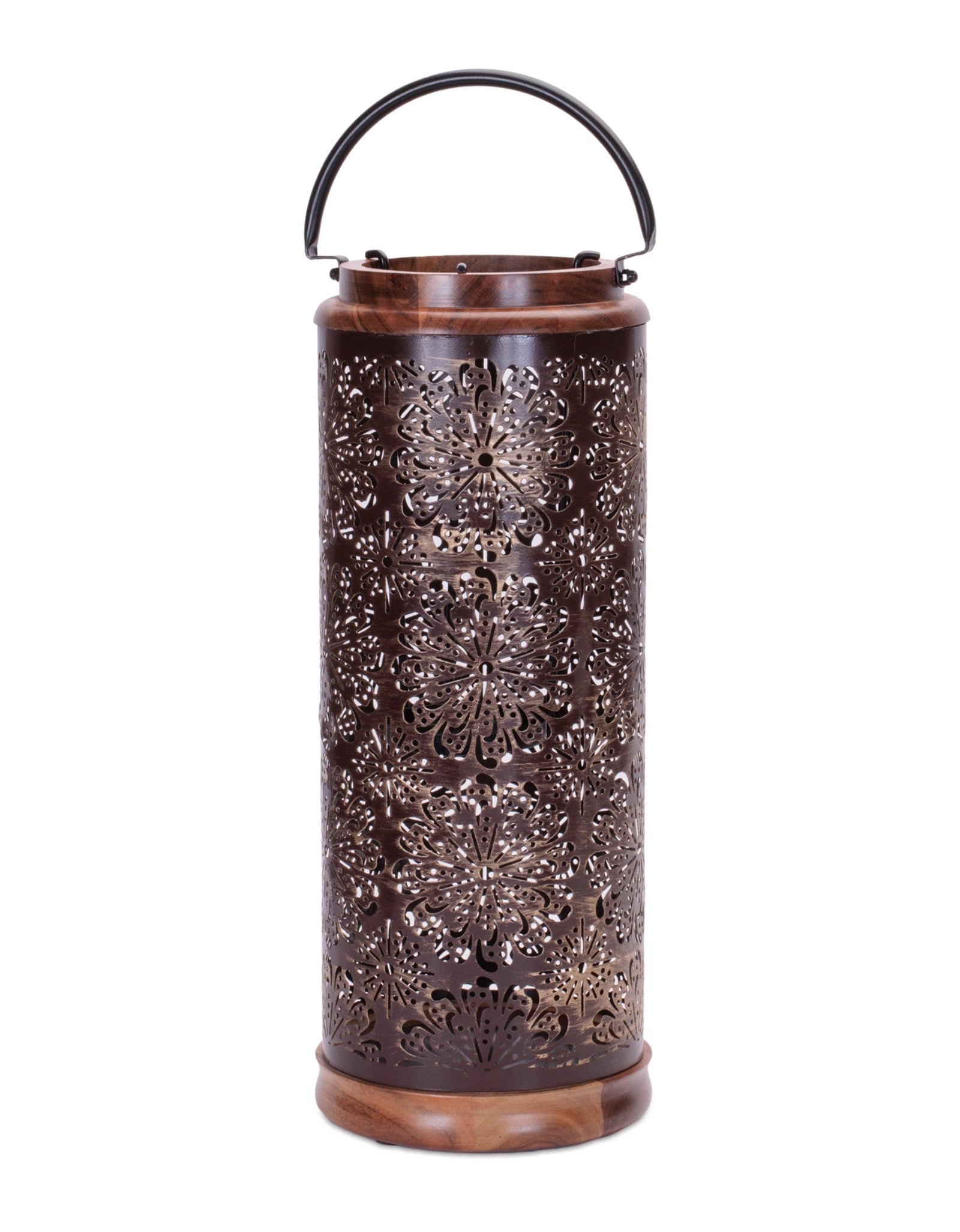 Punched Metal Lantern with Natural Wood Accents 19"H