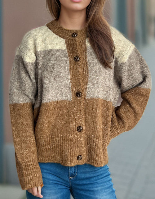 Load image into Gallery viewer, Color Block Round Neck Button Up Cardigan
