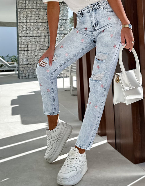Load image into Gallery viewer, Distressed Star Straight Jeans with Pockets
