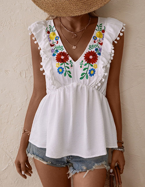 Load image into Gallery viewer, Perfee Embroidered Pom-Pom Trim Cap Sleeve Babydoll Top
