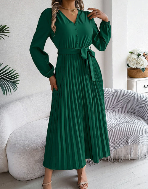 Load image into Gallery viewer, Pleated Tied V-Neck Long Sleeve Dress
