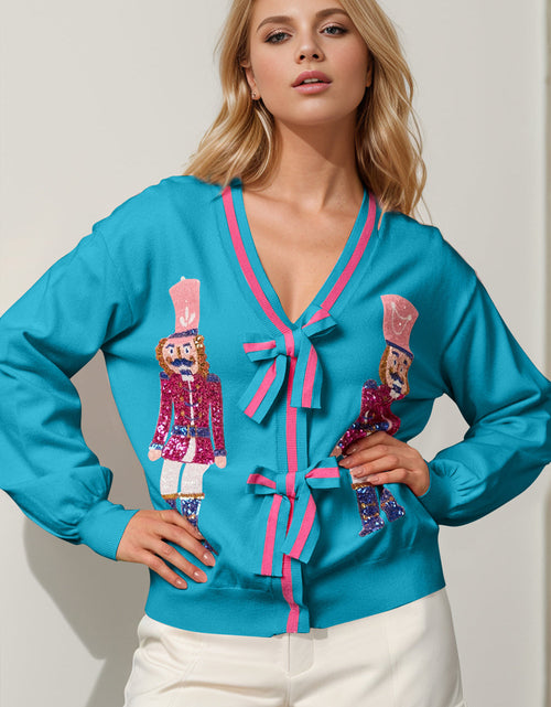 Load image into Gallery viewer, Double Take Full Size Nutcracker Sequin Bow Decor Cardigan
