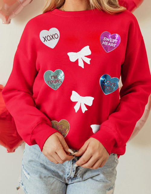 Load image into Gallery viewer, Valentine’s Day Sequin Bow Heart Round Neck Sweatshirt
