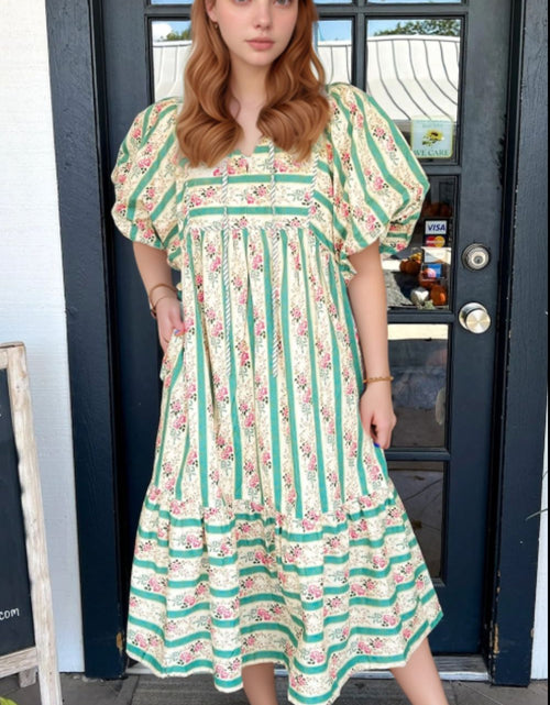 Load image into Gallery viewer, Striped Floral Print Tie Neck Puff Sleeve Midi Dress
