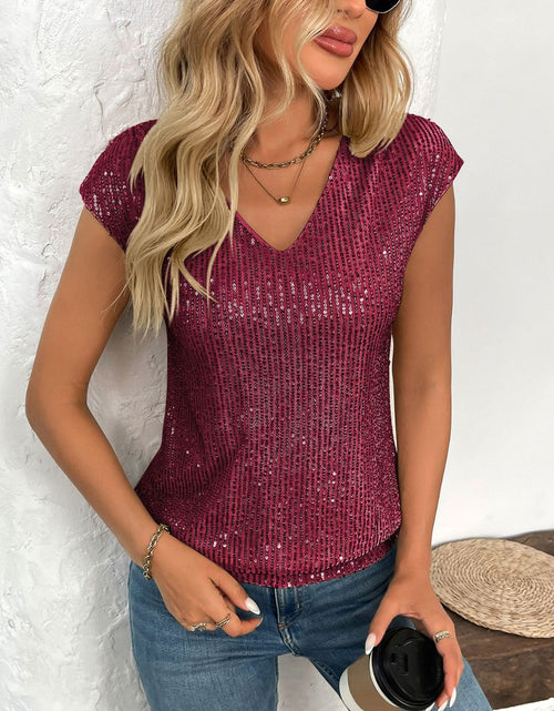 Load image into Gallery viewer, Sequin V-Neck Cap Sleeve Top
