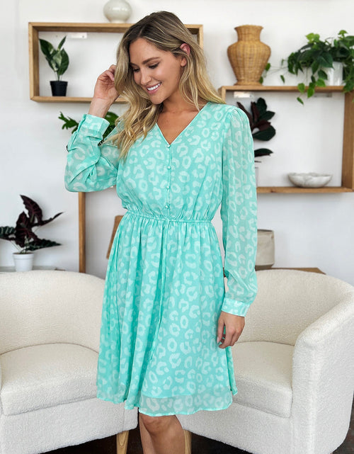Load image into Gallery viewer, Double Take Full Size Printed Ruched V-Neck Long Sleeve Dress
