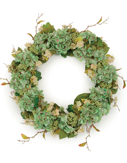 Load image into Gallery viewer, Hydrangea and Seedum Floral Wreath 32"D
