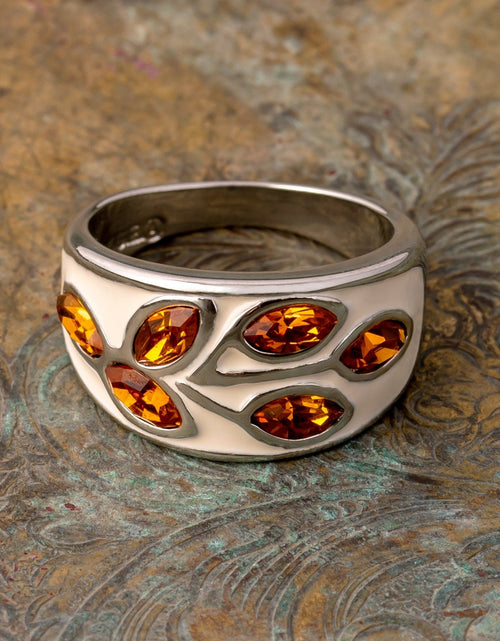 Load image into Gallery viewer, Vintage 1980's Black Enamel Ring with Clear Austrian Crystals Leaf Motif 18k Gold Plated by PVD Vintage Jewelry
