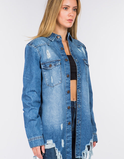 Load image into Gallery viewer, American Bazi Distressed Frayed Hem Denim Jacket
