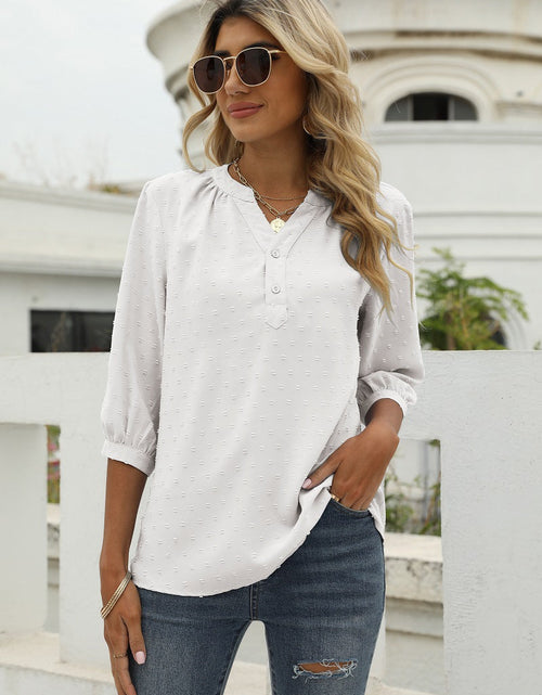 Load image into Gallery viewer, Swiss Dot Notched Neck Three-Quarter Sleeve Blouse
