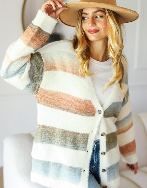 Load image into Gallery viewer, Haptics Full Size Button Down Stripe Soft Fuzzy Sweater Cardigan
