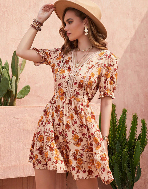 Load image into Gallery viewer, Floral V-Neck Flounce Sleeve Ruffle Hem Dress

