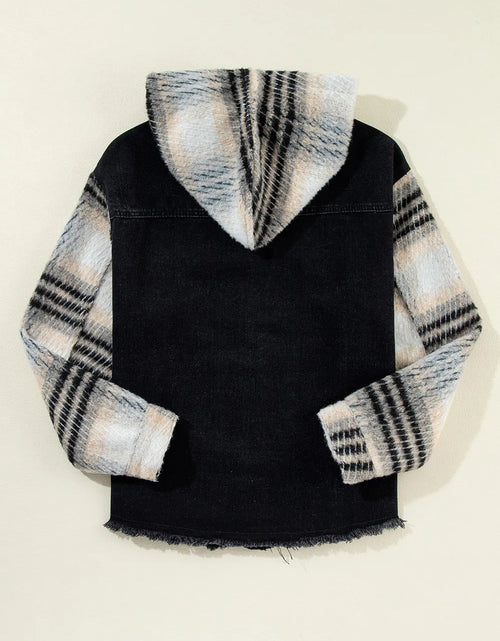Load image into Gallery viewer, Drawstring Raw Hem Button Up Hooded Denim Jacket
