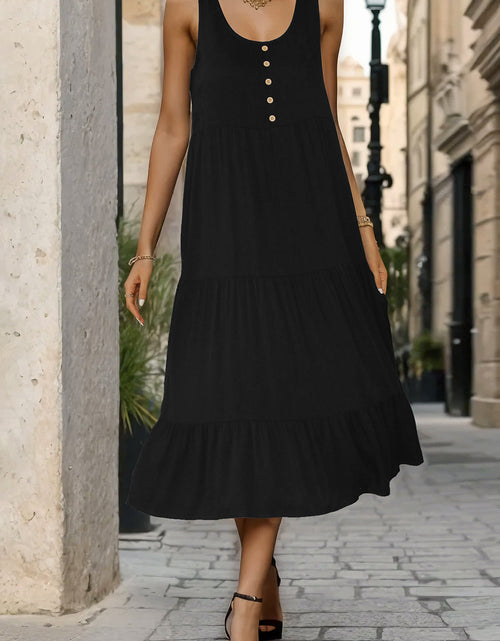Load image into Gallery viewer, Perfee Decorative Button Tiered Tank Dress
