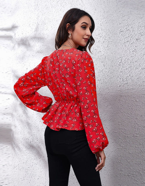 Load image into Gallery viewer, Floral V-Neck Balloon Sleeve Peplum Blouse
