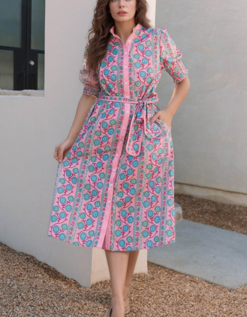 Load image into Gallery viewer, Printed Shirred Sleeve Buttoned Front Midi Dress with Sash
