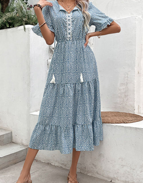 Load image into Gallery viewer, Perfee Printed Tassel Tie Flounce Sleeve Dress
