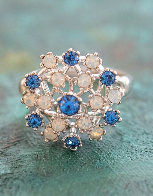 Load image into Gallery viewer, Vintage Ring Ruby Austrian Crystals and Pinfire Opals 18k White Gold Electroplate Made in the USA by PVD Vintage Jewelry
