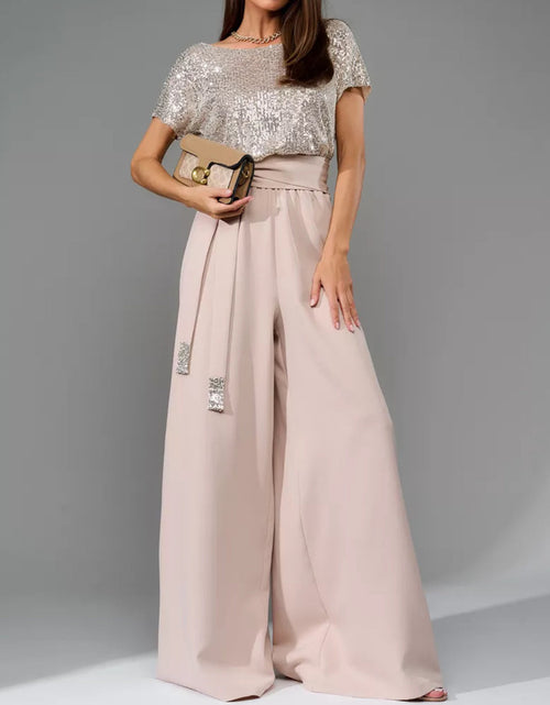 Load image into Gallery viewer, Full Size Sequin Round Neck Short Sleeve Wide Leg Jumpsuit
