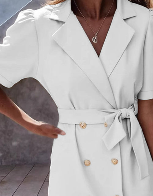 Load image into Gallery viewer, Lapel Collar Short Sleeve Tie Waist Mini Dress
