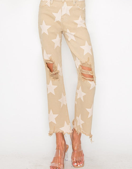Load image into Gallery viewer, RISEN Full Size High Rise Star Printed Frayed Hem Jeans
