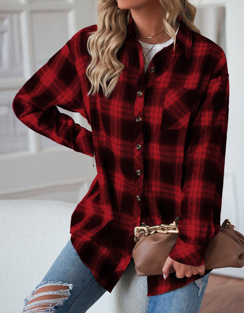 Load image into Gallery viewer, Plaid Button Up Dropped Shoulder Outerwear
