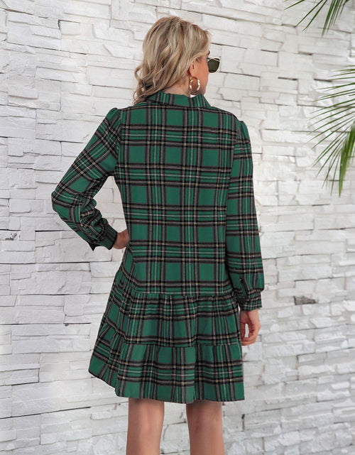Load image into Gallery viewer, Ruffle Hem Plaid Button Down Long Sleeve Dress
