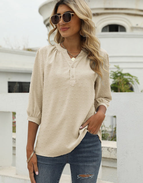 Load image into Gallery viewer, Swiss Dot Notched Neck Three-Quarter Sleeve Blouse
