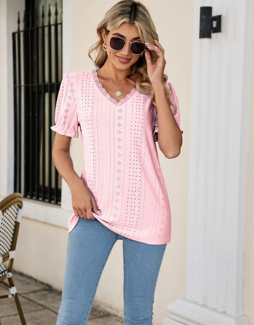 Load image into Gallery viewer, Eyelet Flounce Sleeve Scalloped V-Neck Top
