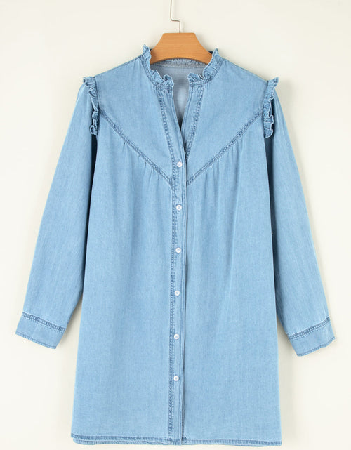 Load image into Gallery viewer, Button Up Notched Long Sleeve Denim Dress
